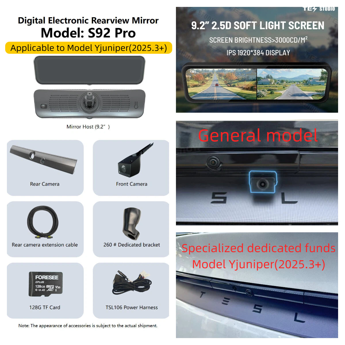2026 Special 4K S92 PRO Streaming Rearview Mirror with BSD for Model 3/Y/Highland 3/Y Juniper | Dual Way Video Recorder | Anti Glare