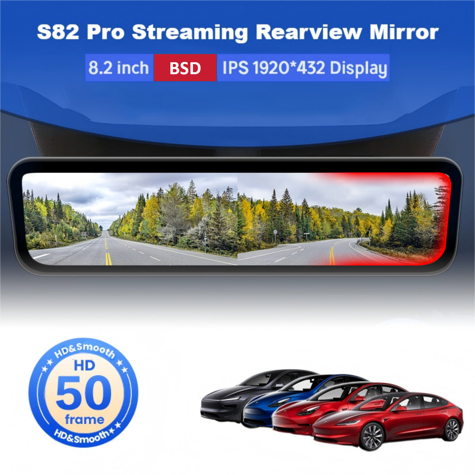 S82 Pro 2/4K HD 8.2Inch Streaming Rearview Mirror With BSD For Tesla Model 3/3 Highland/ Y / Y Juniper