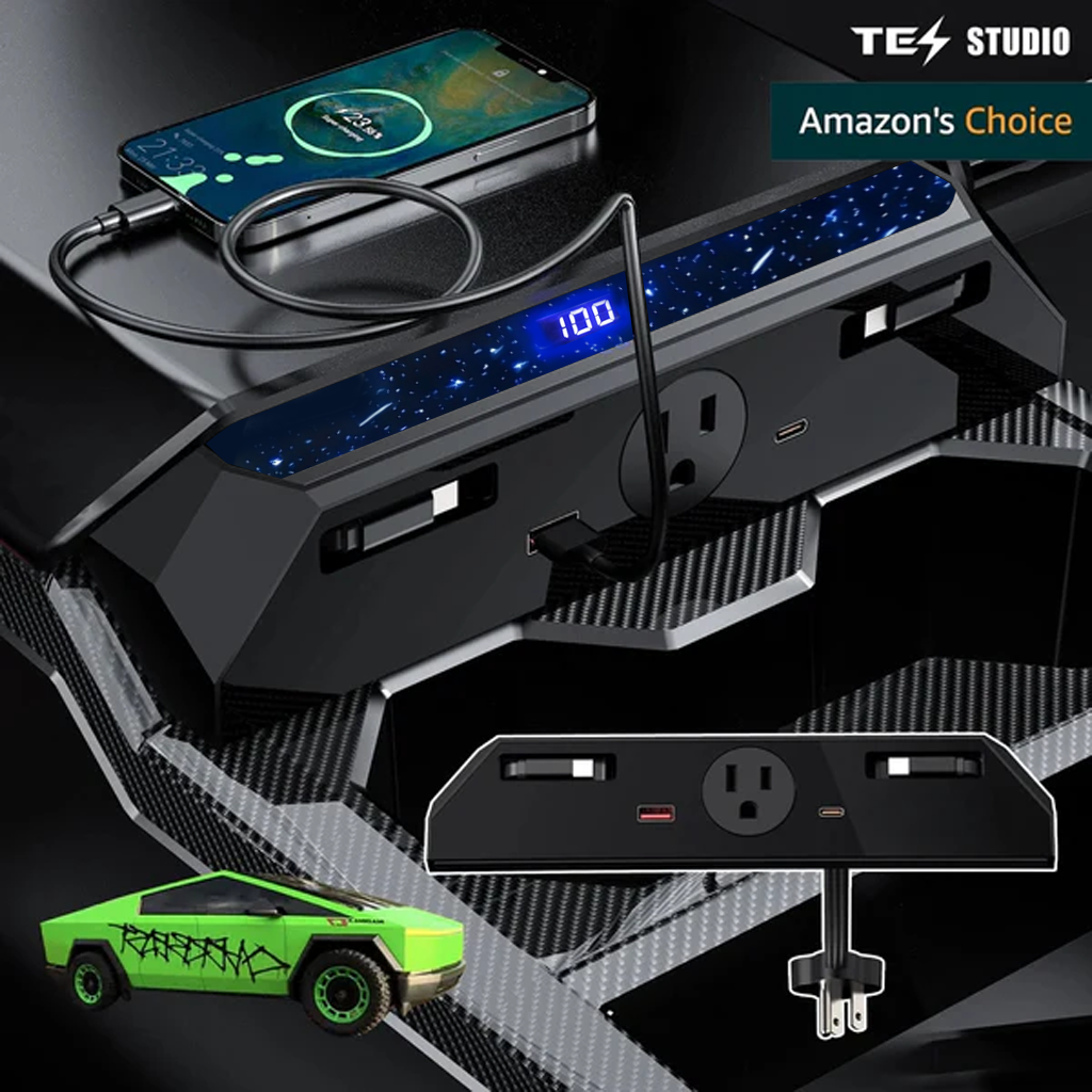 Center console USB Charger Hub 2.0 for Tesla Cybetruck with 110V AC Outlet & Retractable Cables - Seamless Integration, 30W PD/QC3.0 Fast Phone Charge