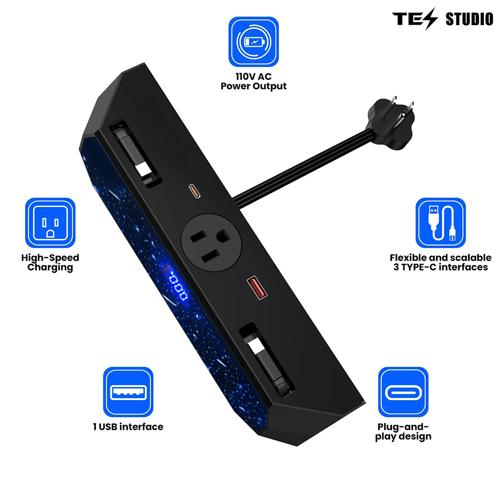 Center console USB Charger Hub 2.0 for Tesla Cybetruck with 110V AC Outlet & Retractable Cables - Seamless Integration, 30W PD/QC3.0 Fast Phone Charge