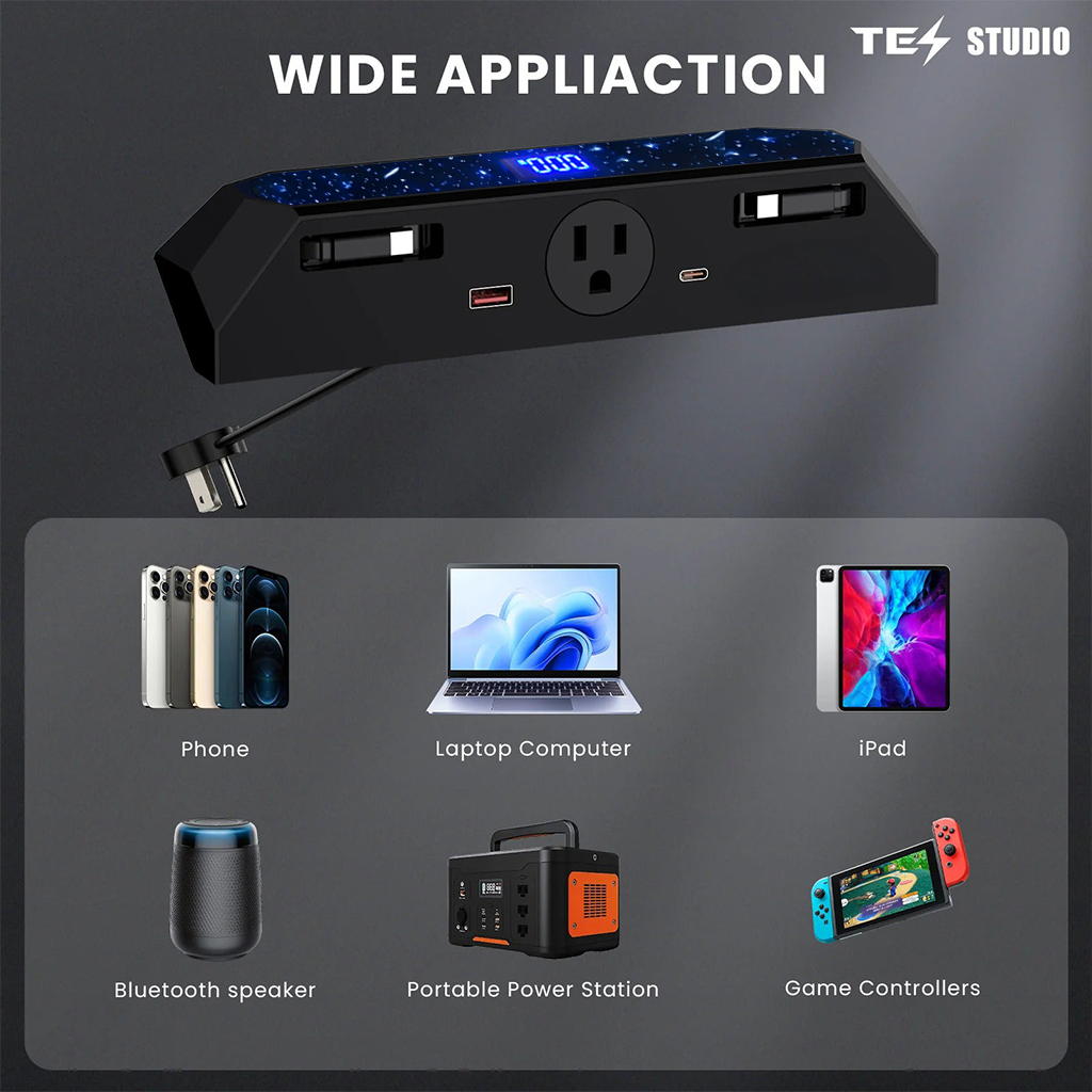 Center console USB Charger Hub 2.0 for Tesla Cybetruck with 110V AC Outlet & Retractable Cables - Seamless Integration, 30W PD/QC3.0 Fast Phone Charge