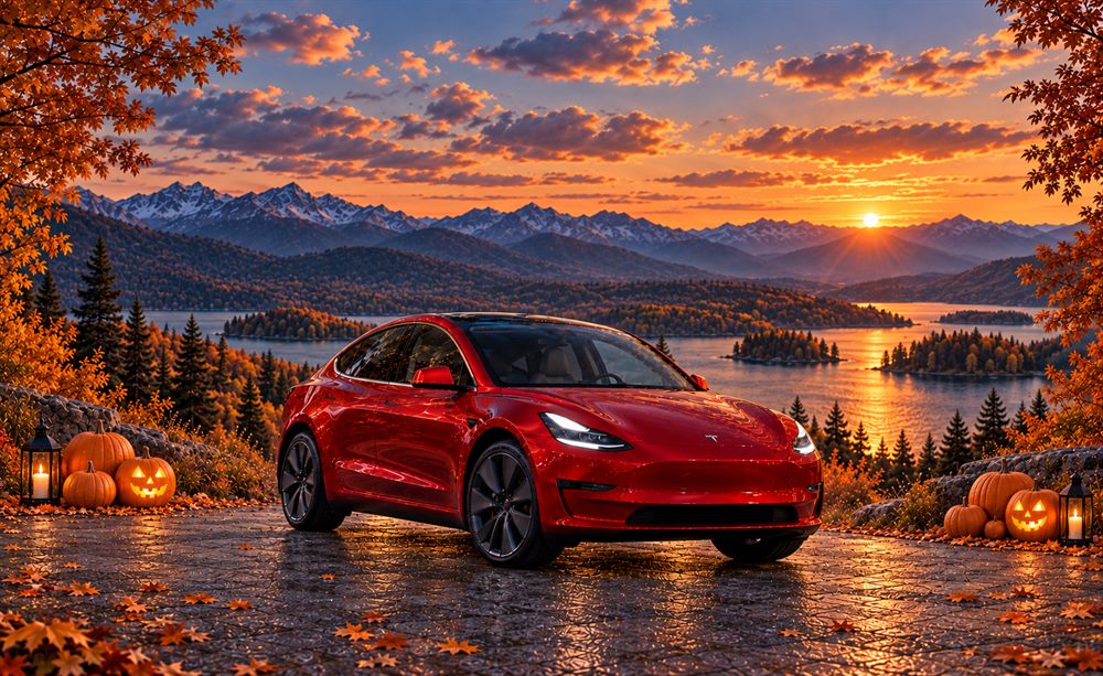 Model 3 surrounded by autumn mountains, pumpkins and lanterns