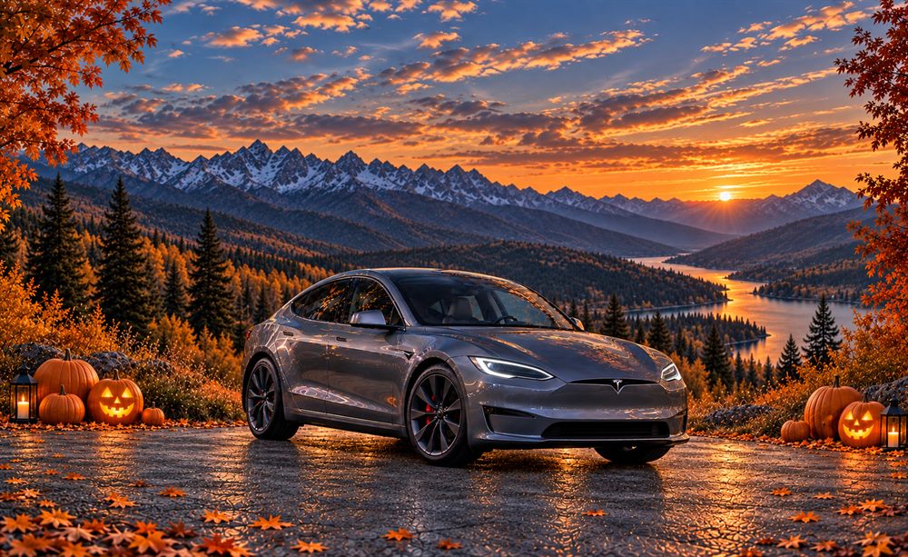 Model S surrounded by autumn mountains, pumpkins and lanterns