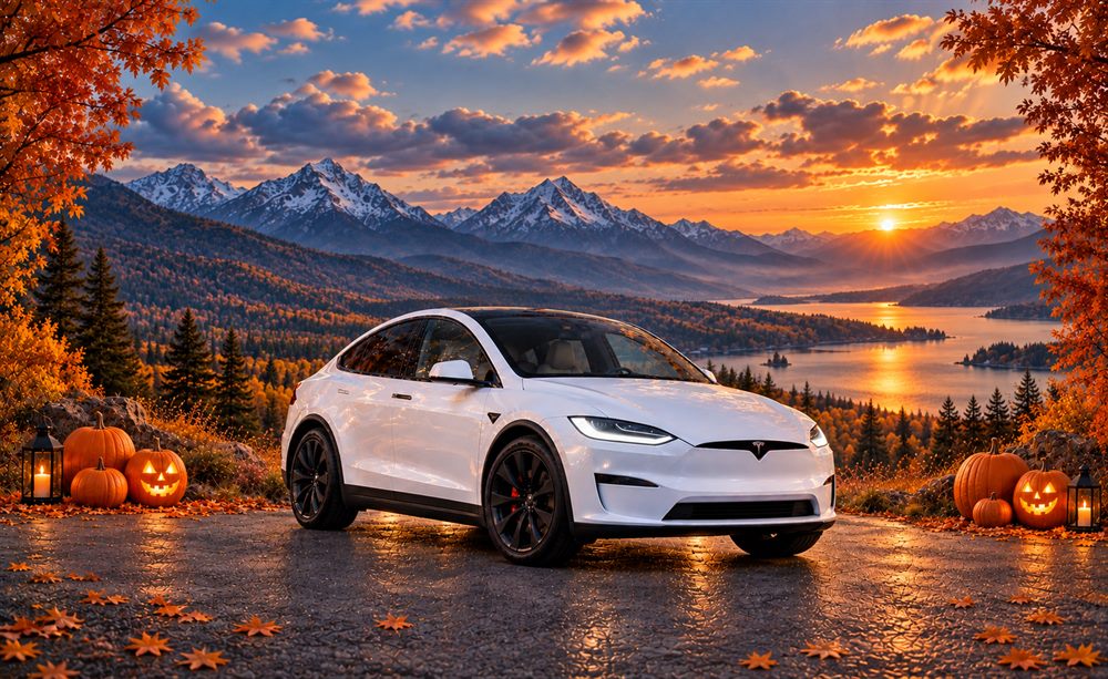 Model X surrounded by autumn mountains, pumpkins and lanterns