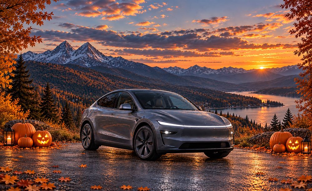 Model Y Juniper surrounded by autumn mountains, pumpkins and lanterns