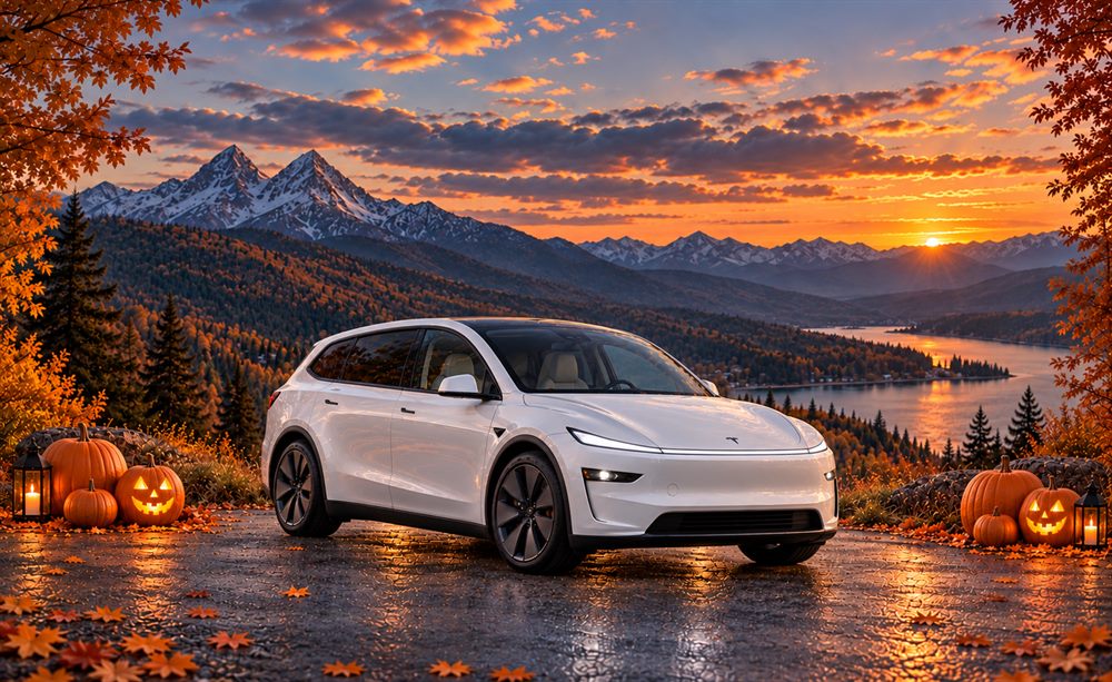 Model Y L surrounded by autumn mountains, pumpkins and lanterns
