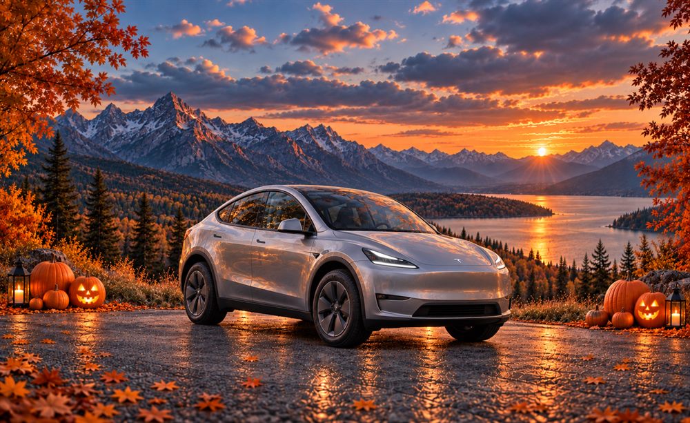 Model Y Standard surrounded by autumn mountains, pumpkins and lanterns