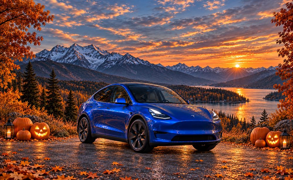 Model Y surrounded by autumn mountains, pumpkins and lanterns