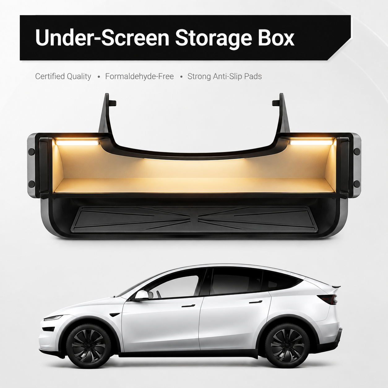 Tesla magnetic under-screen storage tray product overview with anti-slip pads