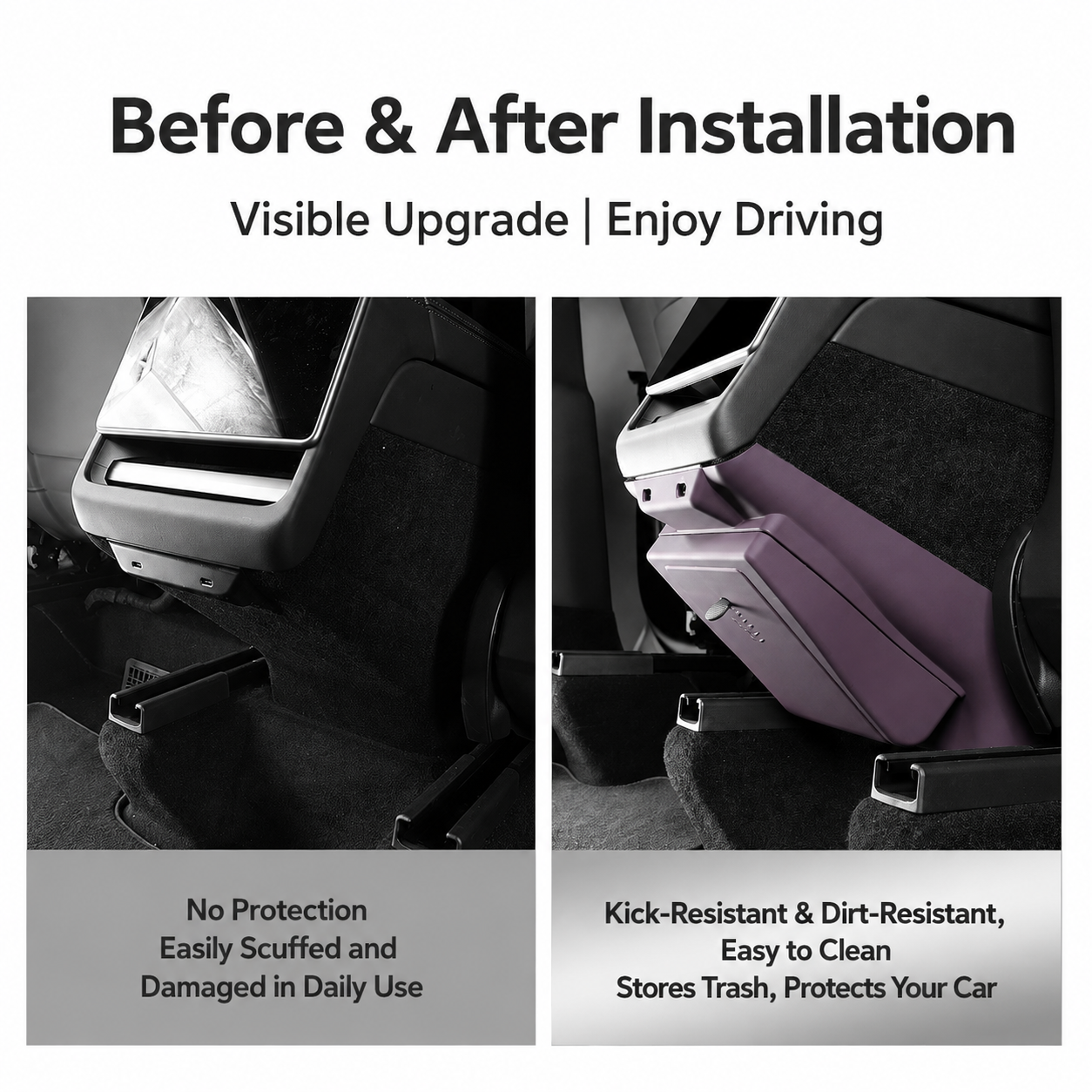 Before and after view of rear console protection and trash storage