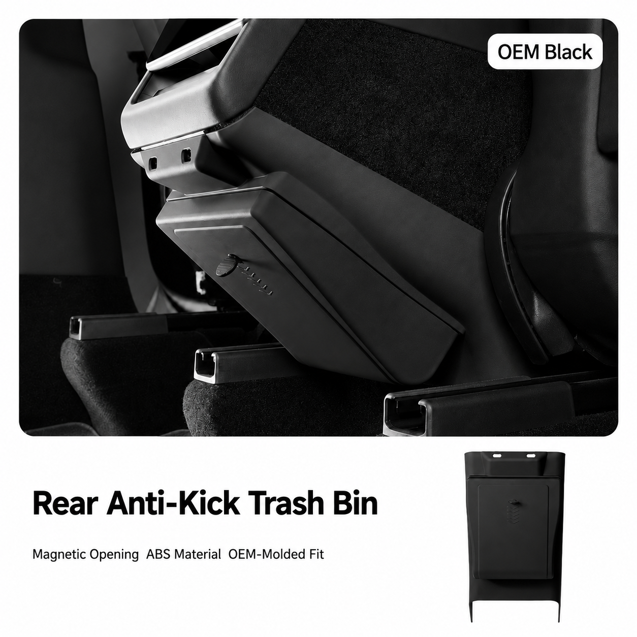 Black rear seat trash bin installed behind Tesla center console