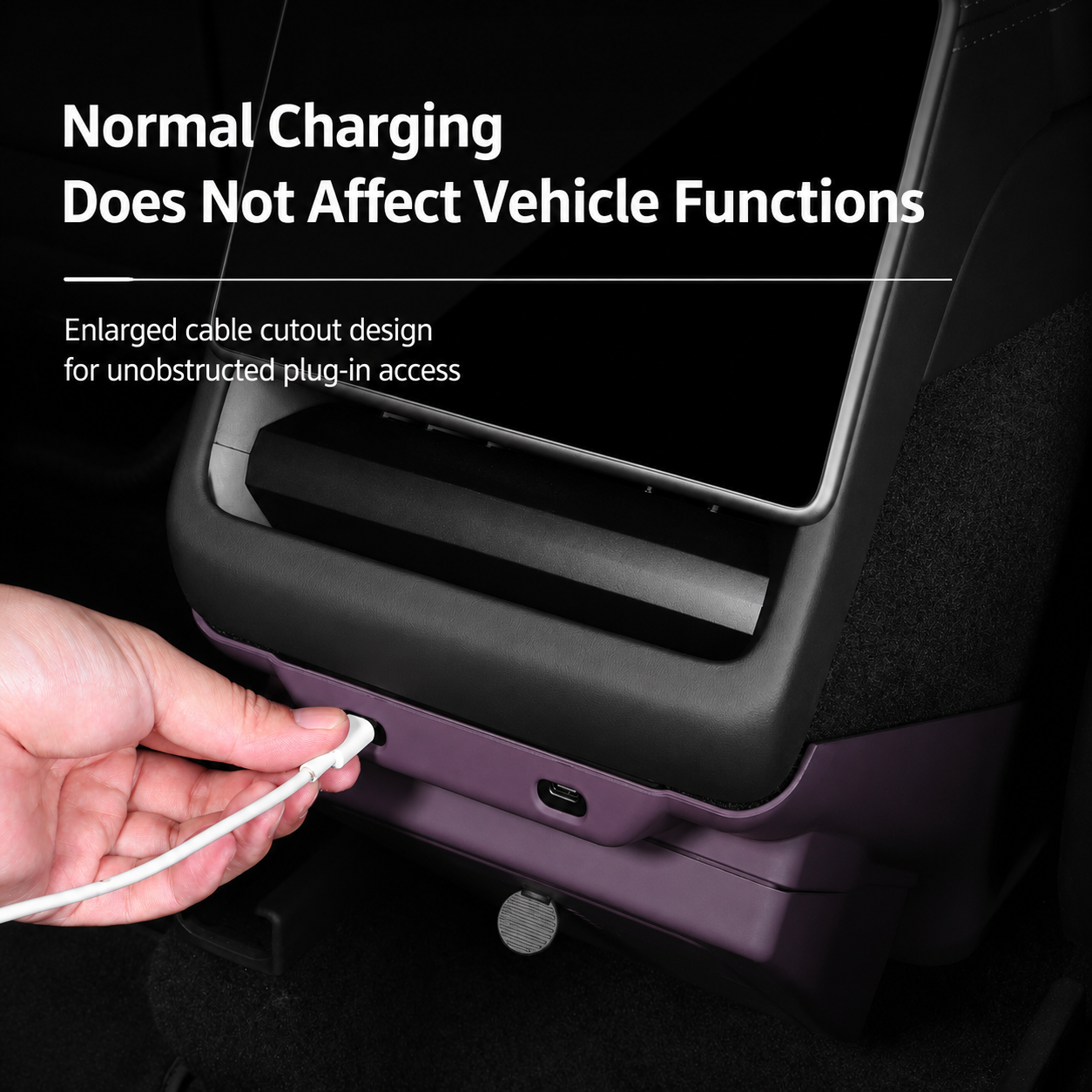 Charging cable connected through rear seat trash bin port cutout