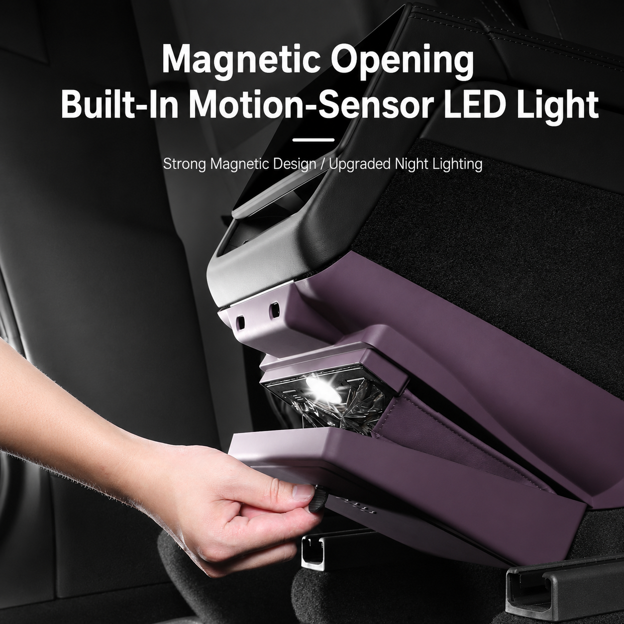 Motion-sensor LED illuminating the magnetic rear seat trash bin opening