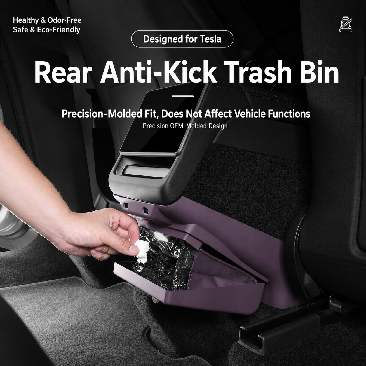 Precision-molded rear console trash bin fitted behind Tesla center console