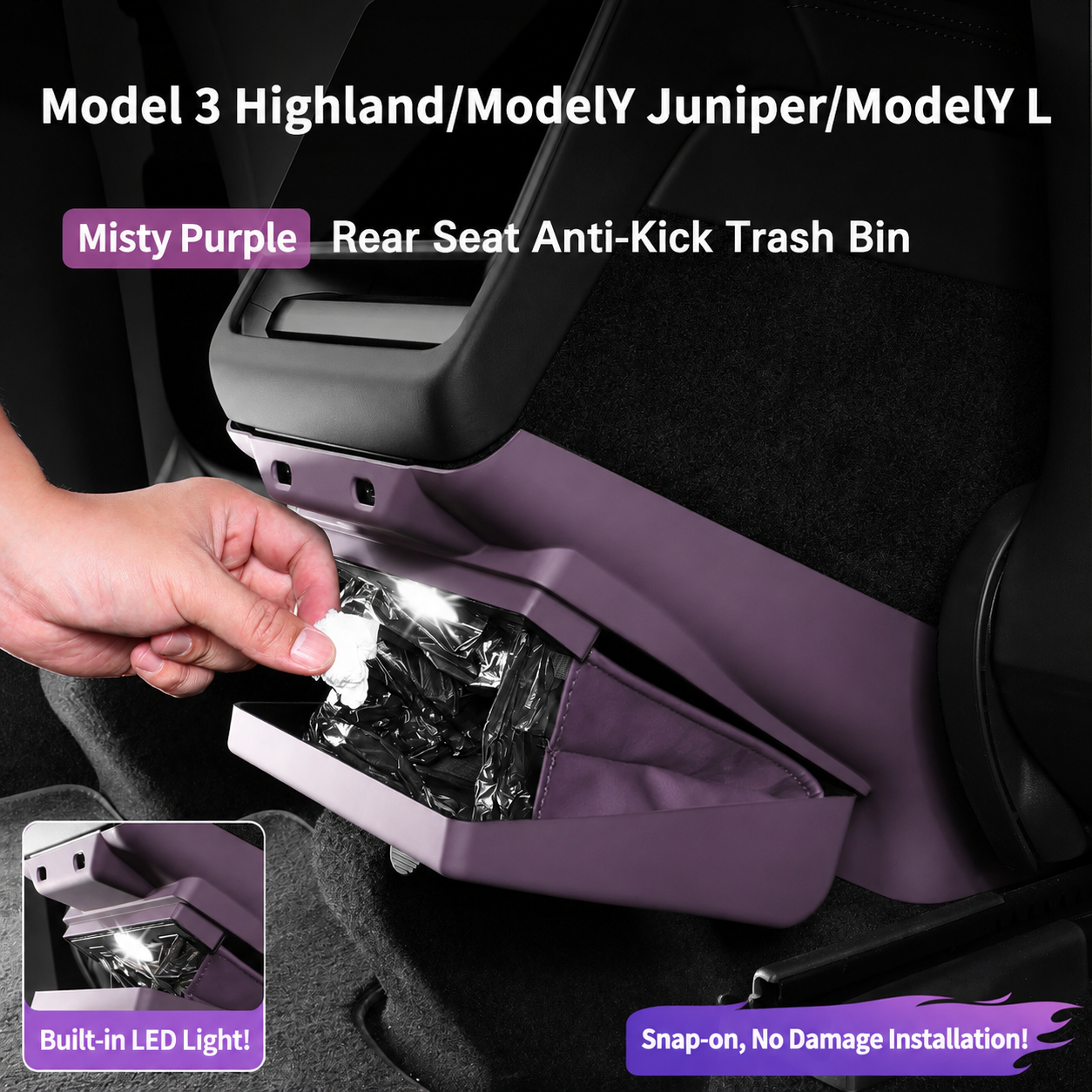 Mist purple rear seat trash bin with built-in LED light