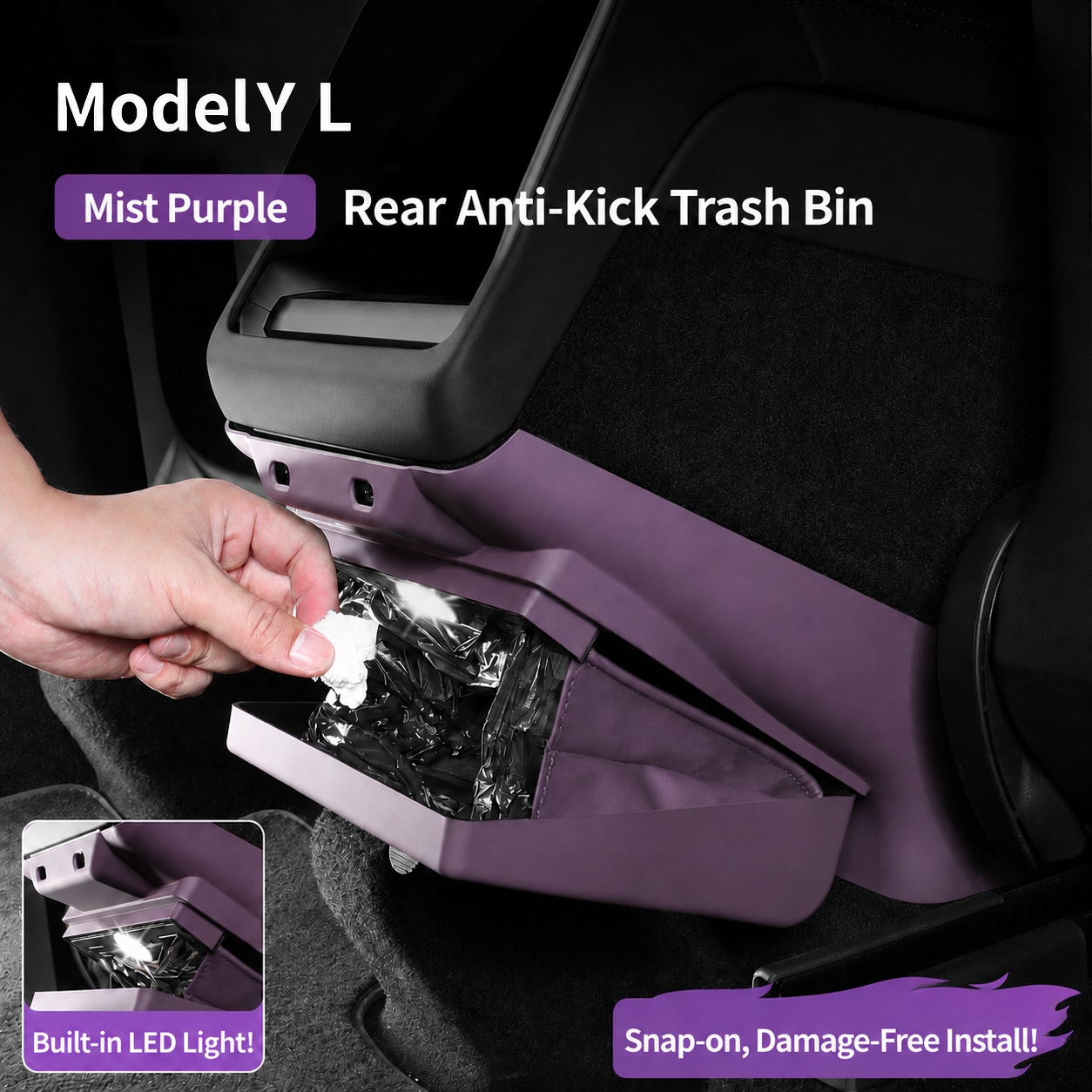 Open mist purple Tesla rear seat trash bin with magnetic lid