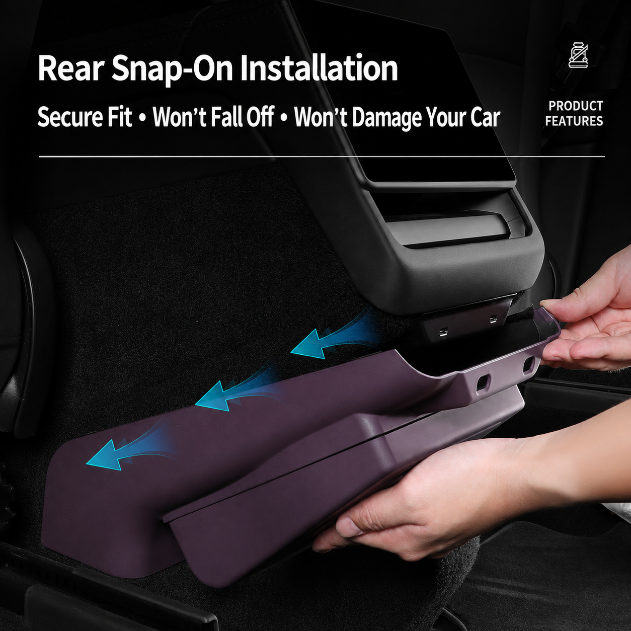 Snap-on installation of molded Tesla rear console trash bin