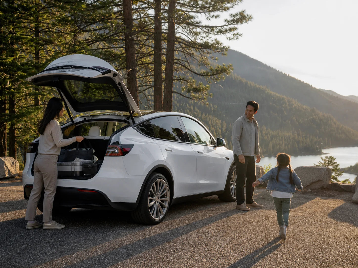 Family preparing a Tesla for an outdoor road trip