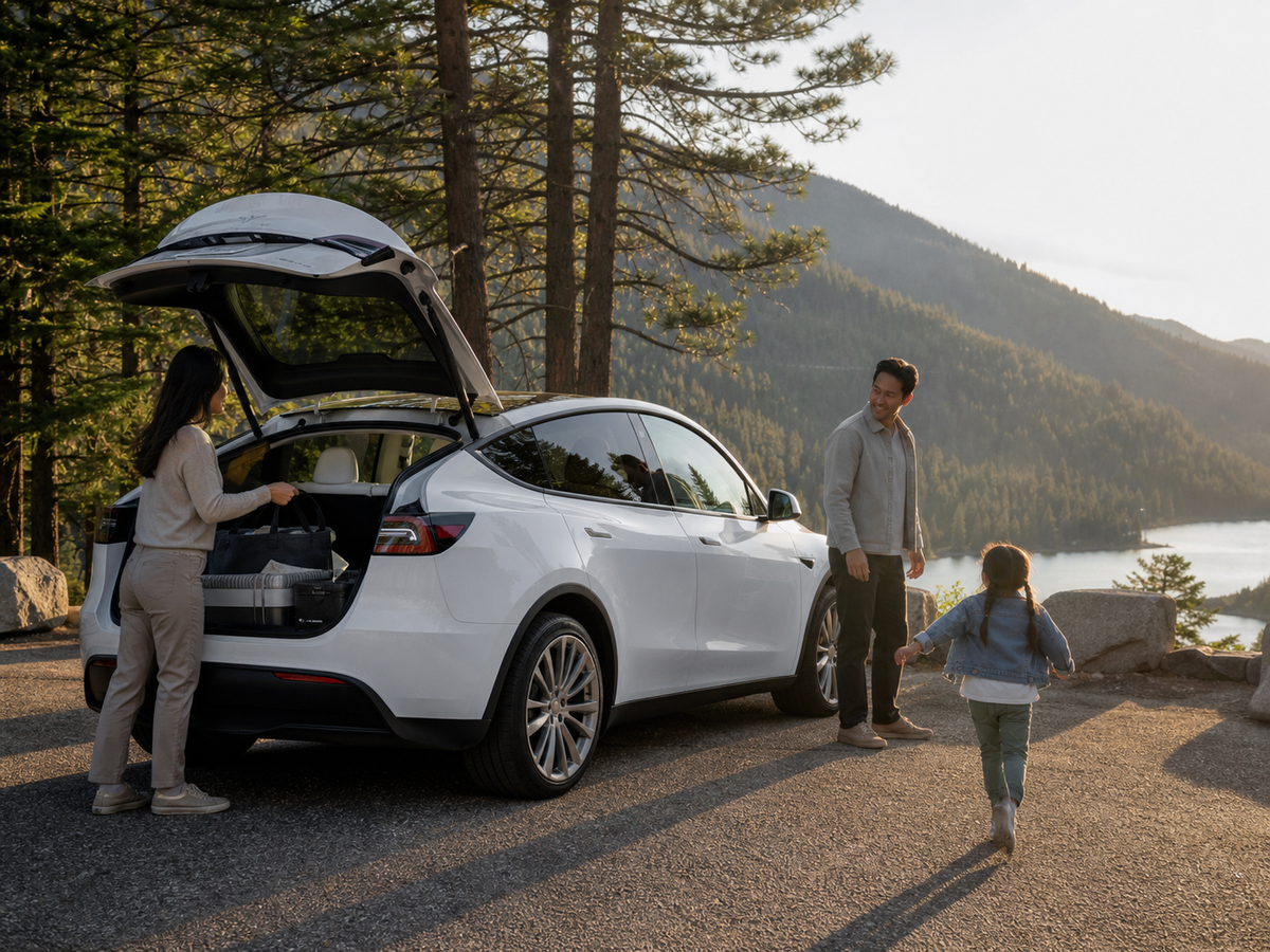 Family preparing their Tesla for a scenic day trip