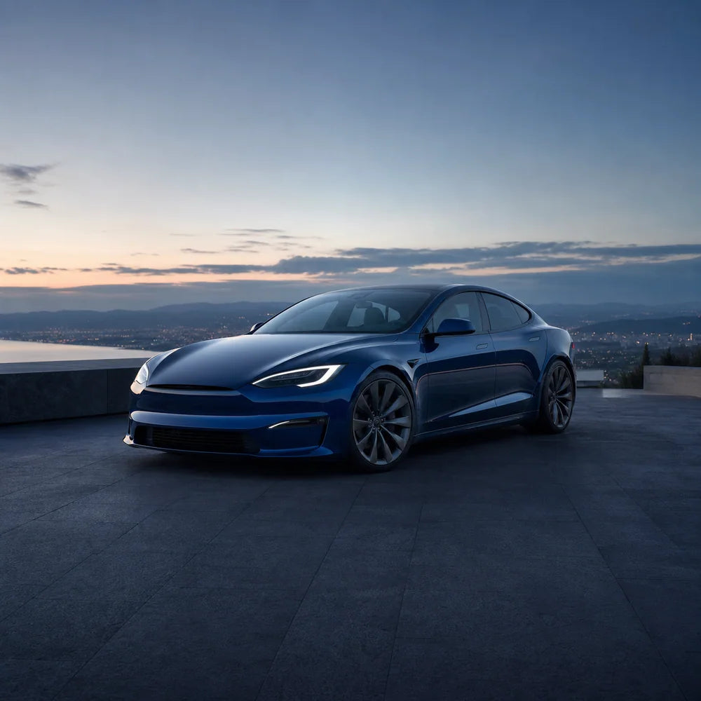 Blue Tesla Model S at dusk