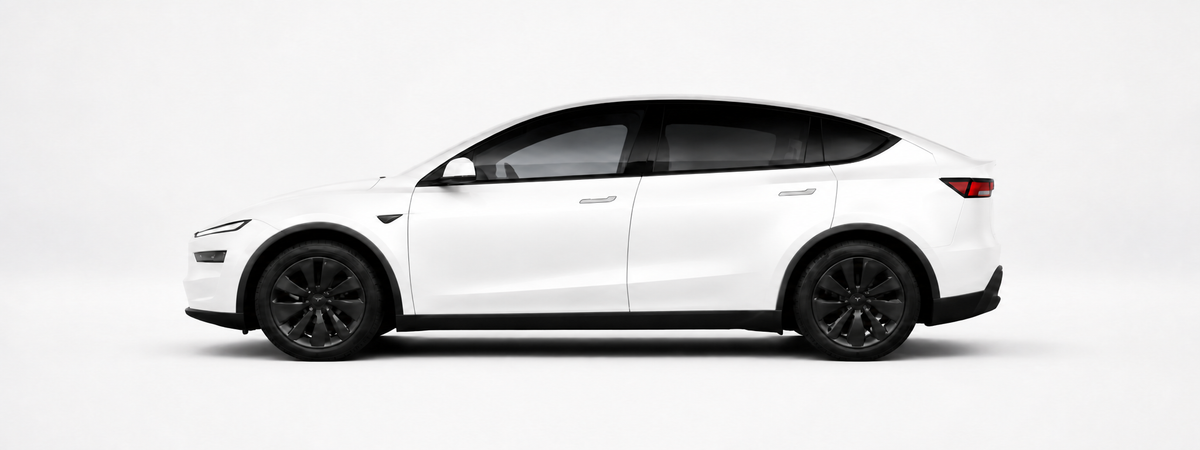 White Tesla Model Y L side profile for accessory fitment guide