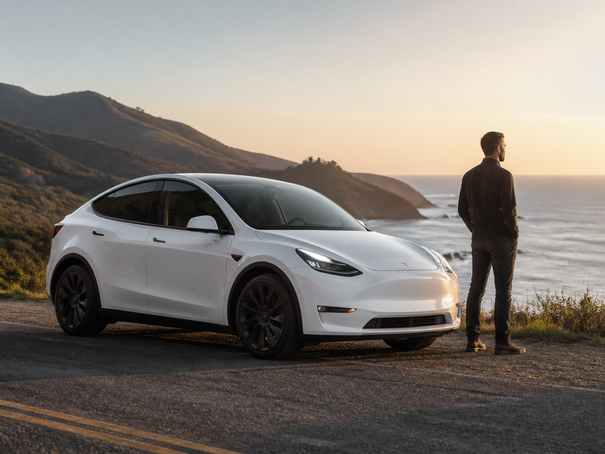 Tesla owner looking toward a scenic road at sunrise