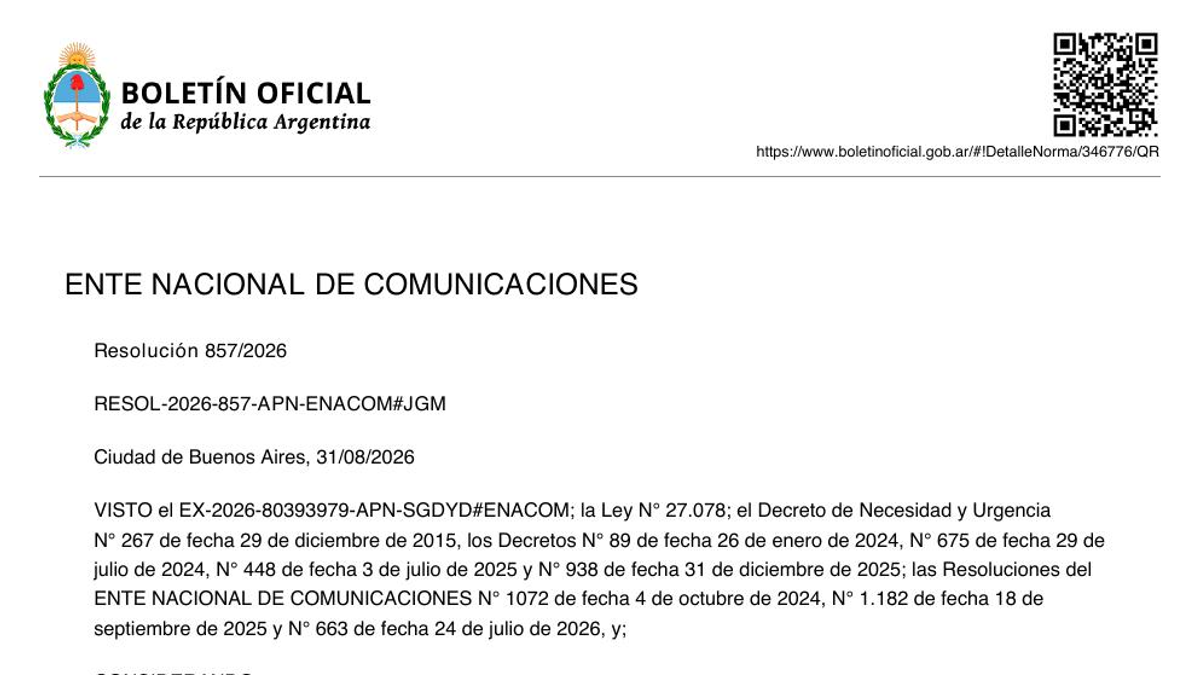 Official Argentina Gazette page showing ENACOM Resolution 857/2026