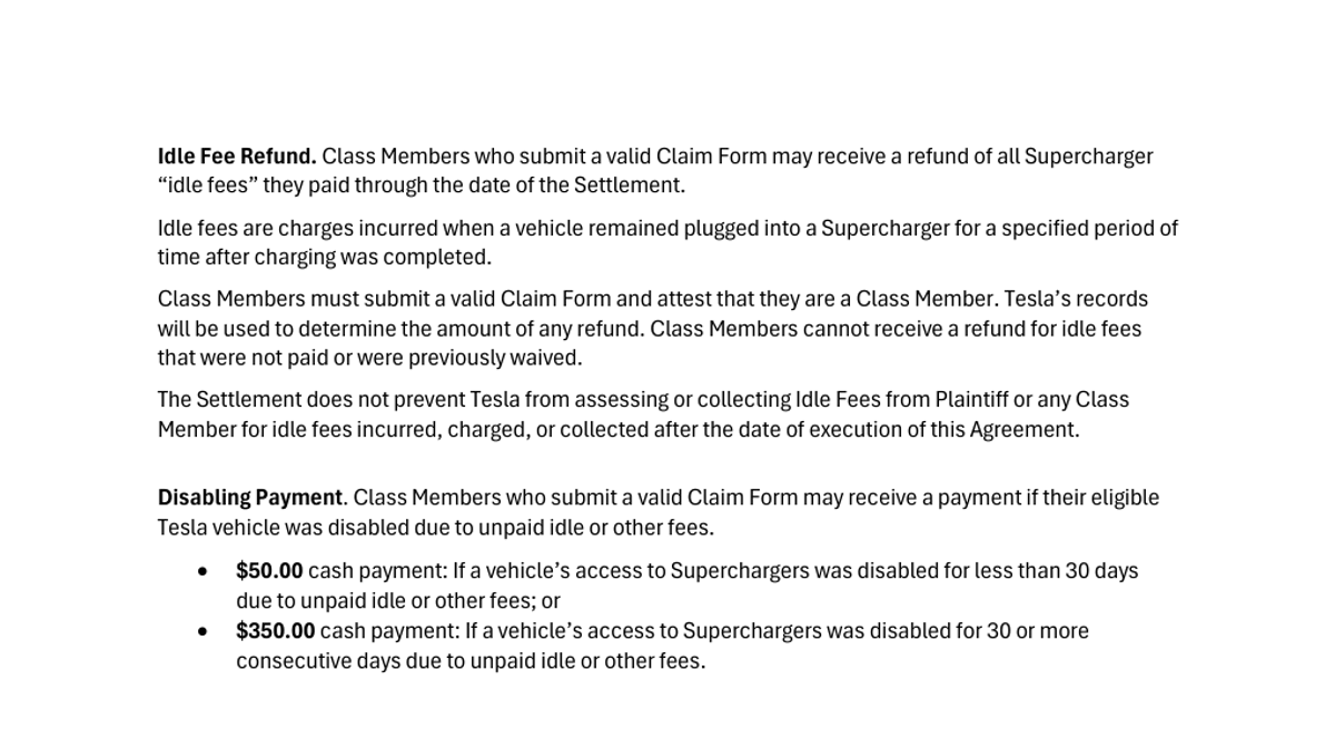 Court-authorized notice showing proposed idle-fee refunds and Supercharger disabling payments