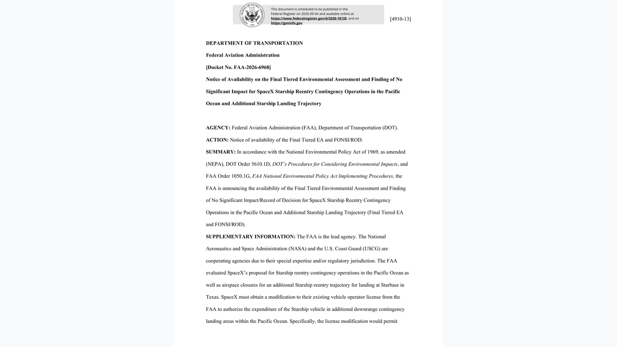 First page of Federal Register notice 2026-18135 for the FAA Starship Pacific reentry environmental review
