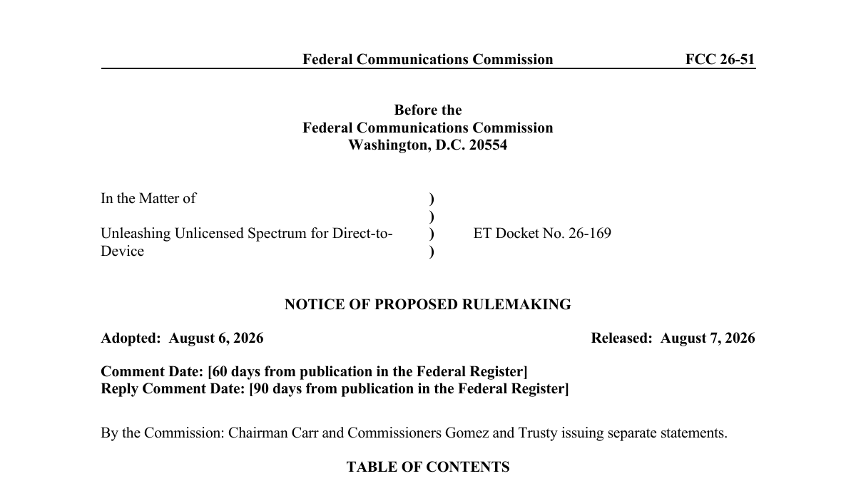 First page of FCC 26-51 direct-to-device notice of proposed rulemaking