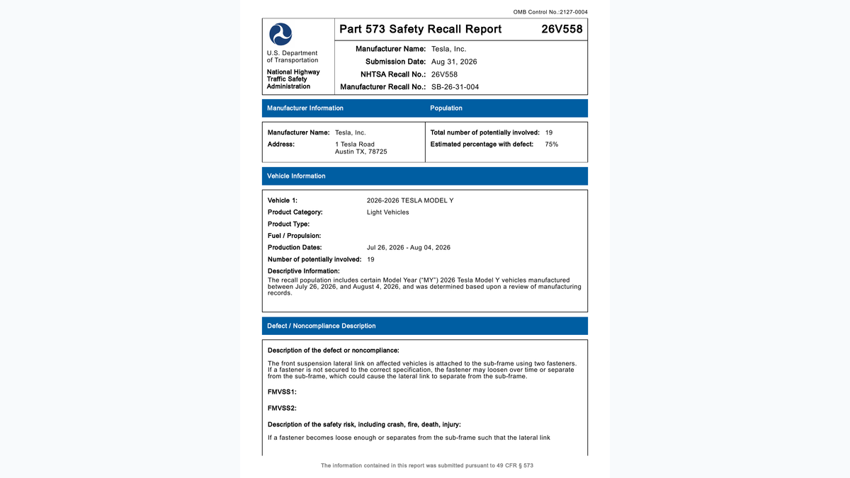 Page one of the official NHTSA Part 573 report for example Campaign 26V558