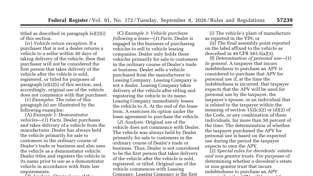 Federal Register text explaining final assembly and predominant personal use for the car loan interest deduction
