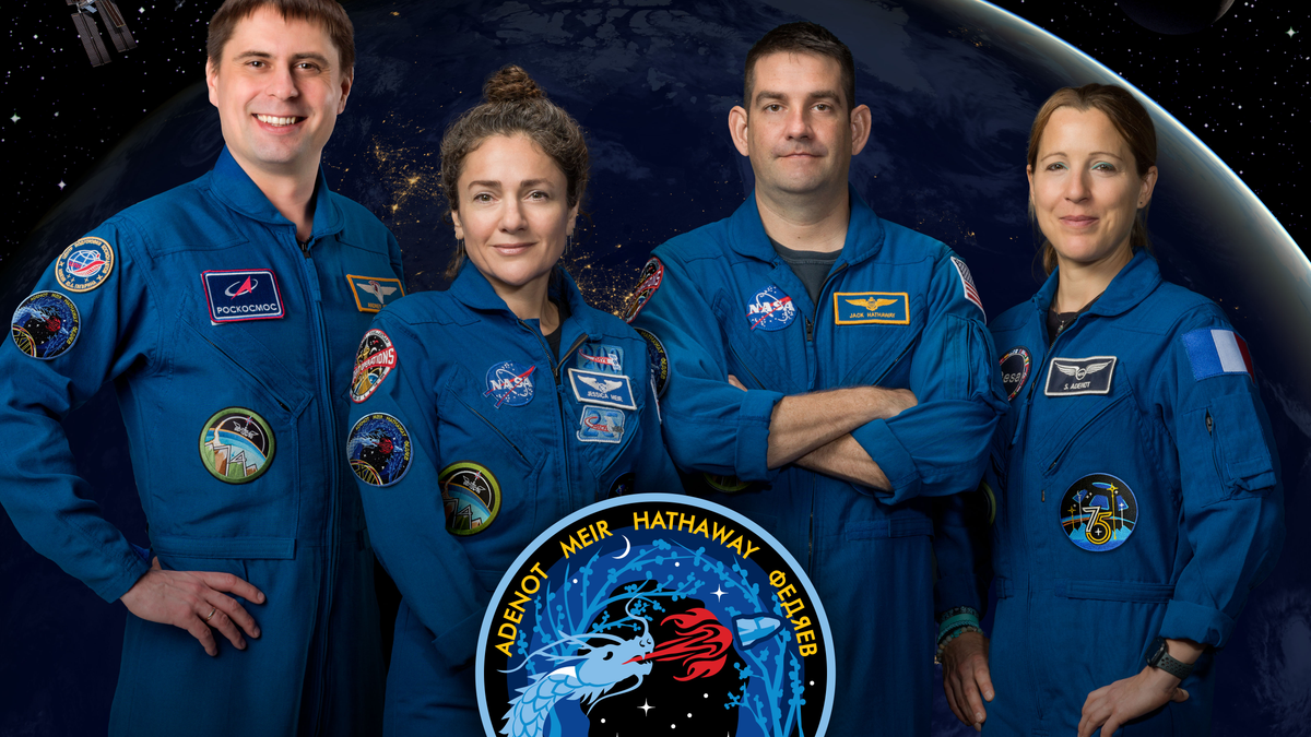 Official portrait of NASA SpaceX Crew-12 members Jessica Meir, Jack Hathaway, Sophie Adenot and Andrey Fedyaev