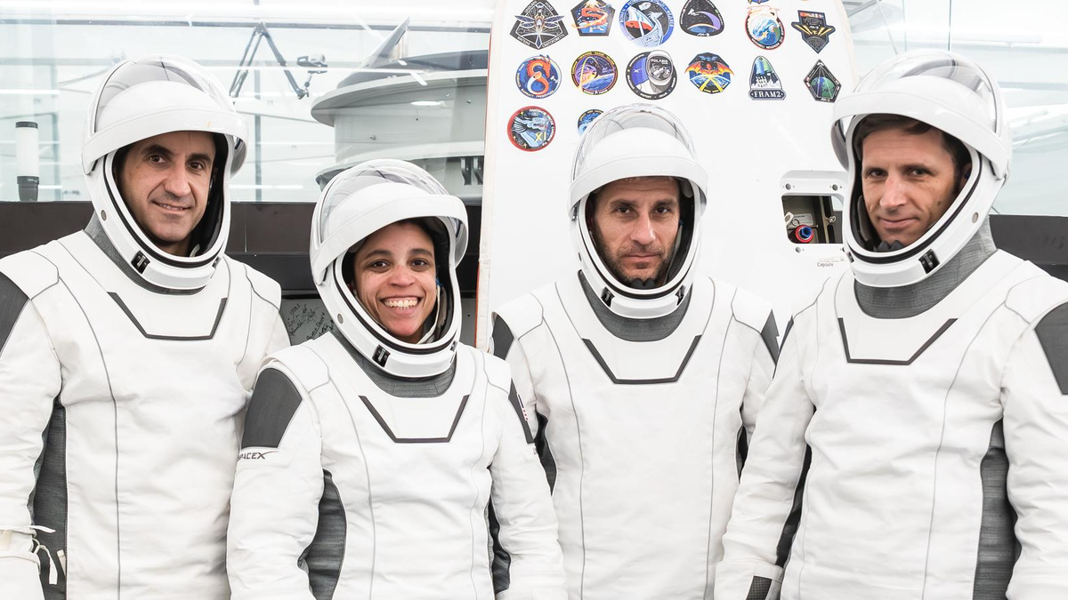 Crew-13 astronauts Jessica Watkins, Luke Delaney, Joshua Kutryk and Sergey Teteryatnikov in SpaceX pressure suits