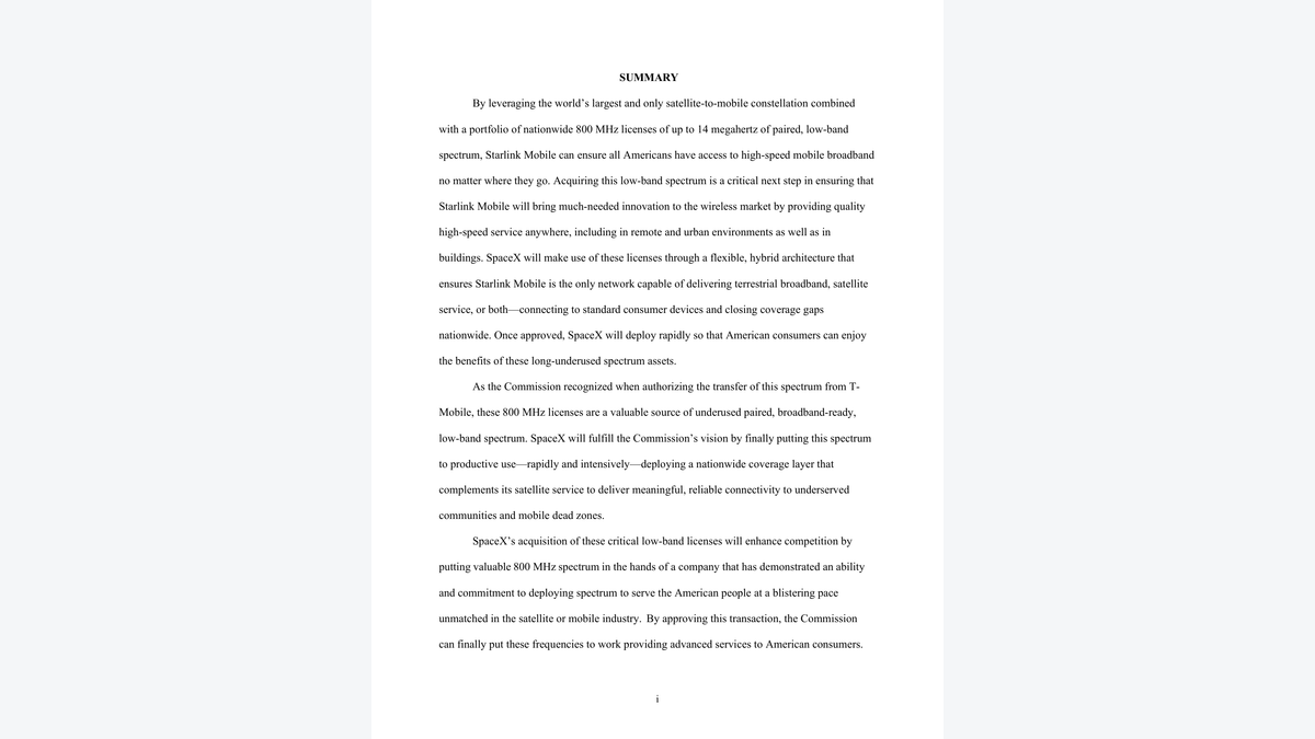 Public-interest statement for the proposed transfer of Grain 800 MHz licenses to SpaceX