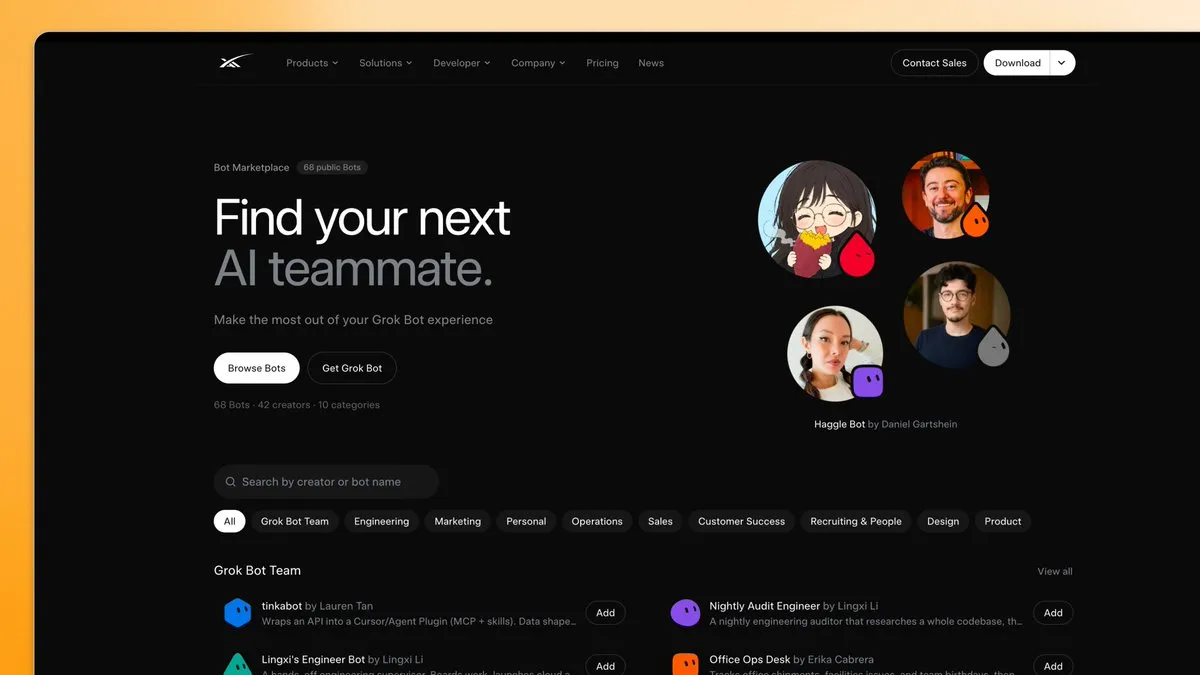 SpaceXAI Grok Bot Marketplace page showing public Bot templates including Haggle Bot