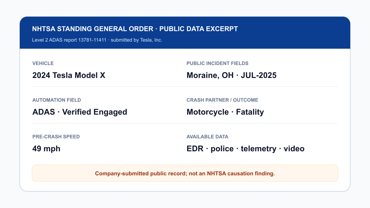 Public-record excerpt of NHTSA report 13781-11411 for a Tesla Model X crash in Moraine, Ohio