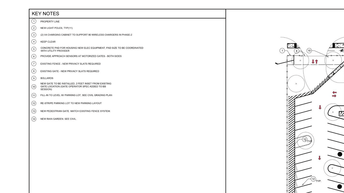 Tesla Auto Cab site plan key note specifying 80 Phase 2 wireless chargers