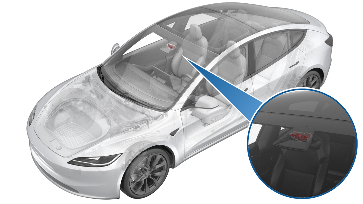 Tesla service-manual image of the forward-facing camera assembly