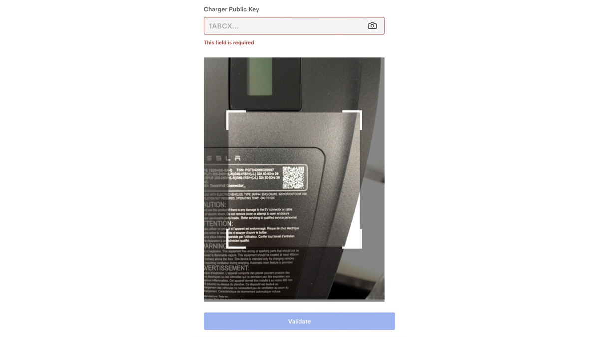 Tesla manual example of scanning a charger public key for billing-record verification