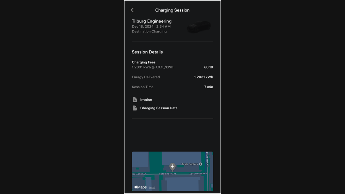 Tesla app charging session with invoice and charging session data downloads