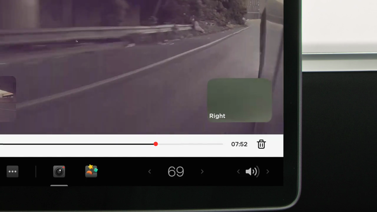 Tesla Dashcam Viewer displaying saved camera footage on the vehicle touchscreen