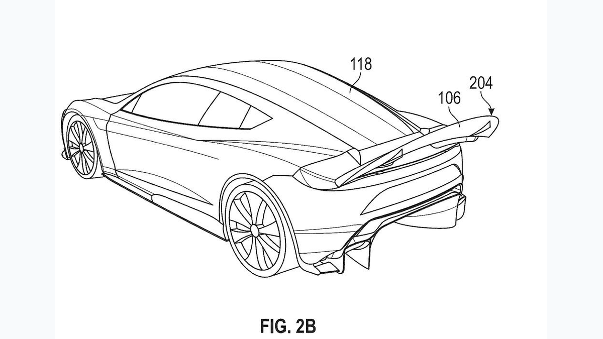 Public patent drawing of a Tesla vehicle with the rear wing deployed