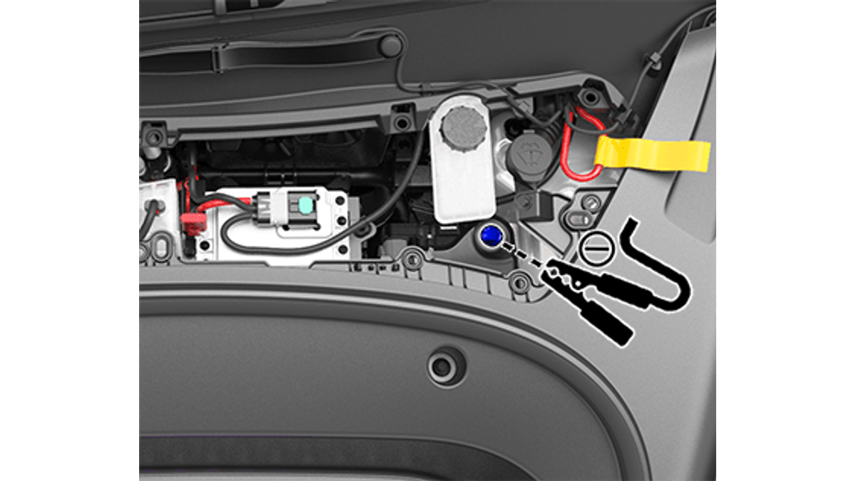 Tesla Model 3 lithium-ion low-voltage grounding location near the brake fluid reservoir