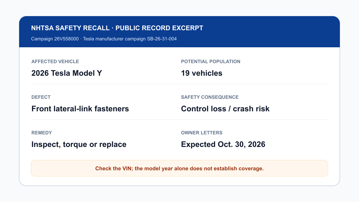 Public-record summary of NHTSA Campaign 26V558000 for 2026 Tesla Model Y vehicles