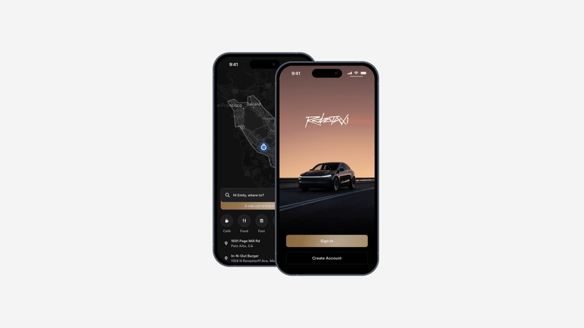 Tesla Robotaxi mobile app screens for booking rides and receiving service updates