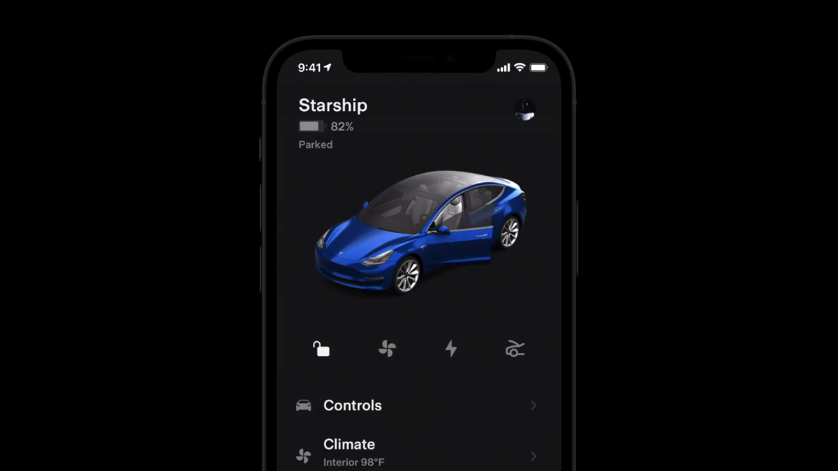Tesla app vehicle controls shown in an official Tesla video