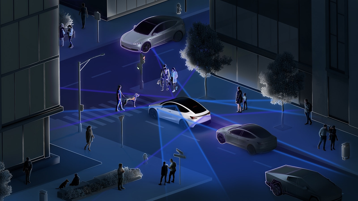 Official Tesla FSD Safety Report vehicle visual used as background context