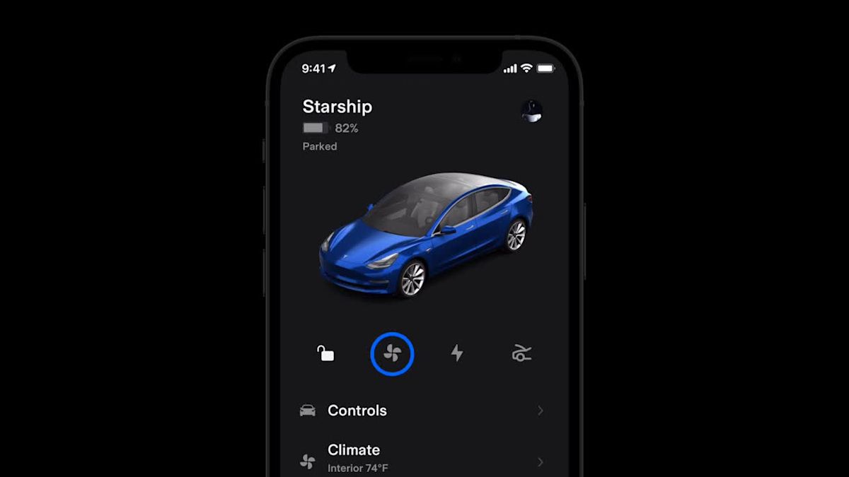 Tesla app home screen with the Climate control highlighted in an official Tesla video