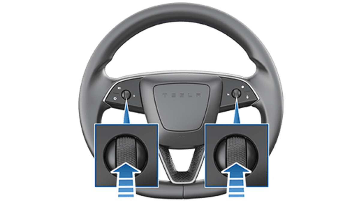 Tesla steering wheel scroll buttons used to restart the touchscreen on vehicles made as of approximately February 2025